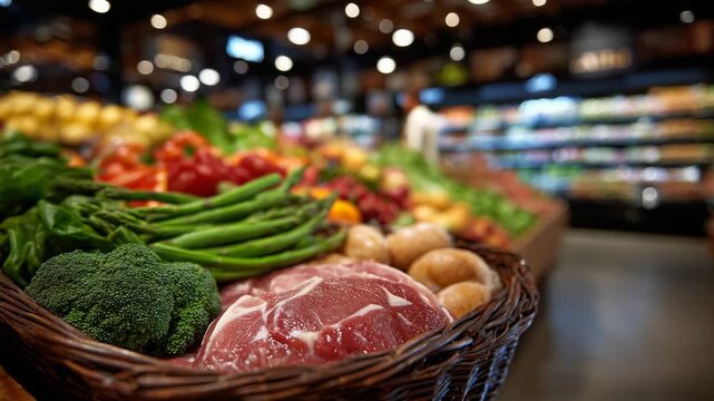 39Close-up of grocery basket filled with assorted food, meat, vegetables, fruit, and bread arranged naturally, shallow depth of field, supermarket shelves fading into background