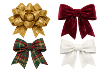 Holiday bows collection featuring red velvet, gold glitter, white satin, and plaid ribbon for christmas celebration and gift wrapping
