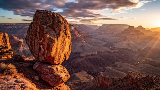 Sunrise light over dramatic canyon with balanced boulder.