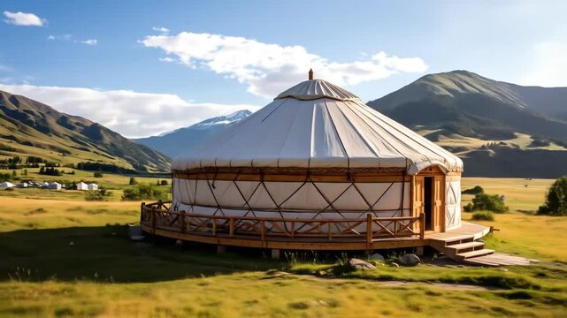 Traditional yurt structure in scenic landscape.