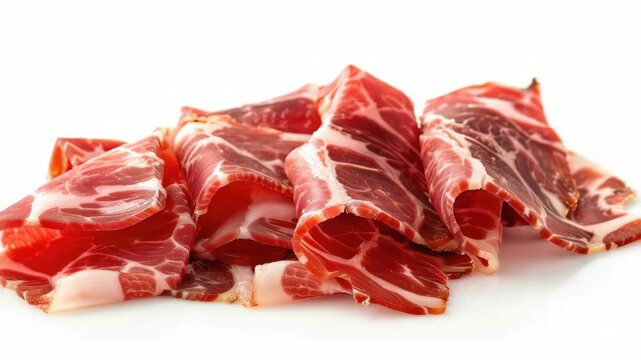 Bright red slices of Iberico ham with marbling and fat, ready for serving or cooking. High-resolution food .