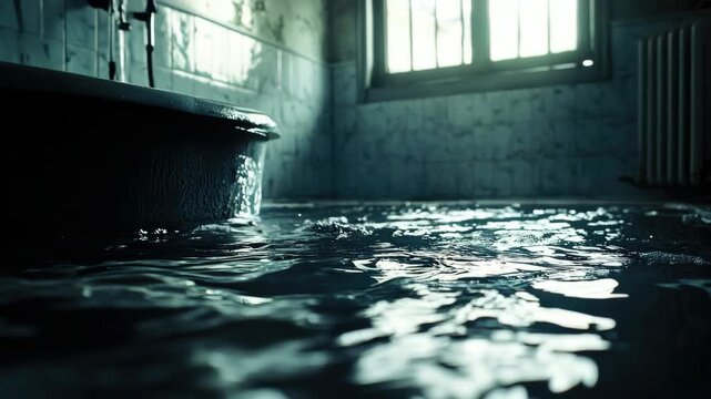 A dilapidated bathroom with rain pouring in through the windows.