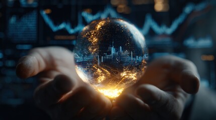 Fototapeta premium A mesmerizing crystal ball reflecting a cityscape, cradled in open hands, set against a backdrop of data analytics. ..Created with Generative AI, not depicting real subjects.