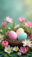 Pastel eggs nestled in spring flowers, soft focus , happy, celebration, illustration