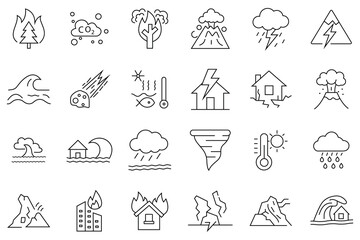 Fototapeta premium Natural disaster icon set. Out line icon of extreme weather, tornado, typhoon, flood, abnormal heat, storm. geological hazards, sandstorm, Vector illustration.