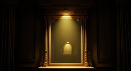 Ornate wooden framed mirror glows with dramatic spotlight illumination in a dark room setting.