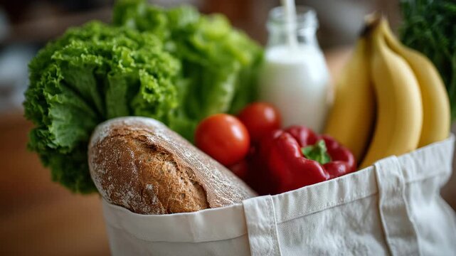 51Close-up of reusable grocery bag packed with fresh vegetables and staples, lettuce and peppers spilling slightly over edge, bananas and bread visible, eggs and milk completing bala
