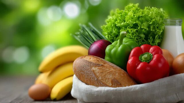 54Detailed shot of grocery bag overflowing with healthy food, colorful bell peppers, green lettuce, bananas, onion, bread loaf, eggs and milk, soft background blur, wholesome nutriti