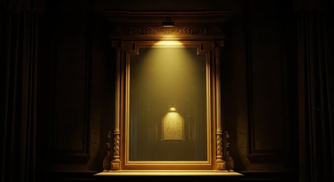 Ornate wooden framed mirror glows with dramatic spotlight illumination in a dark room setting.