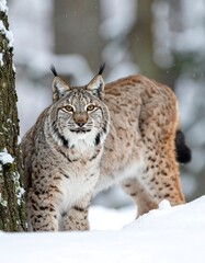 Obraz premium Spotted lynx stands in the snow by a tree, staring forward with its piercing eyes. Winter background