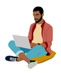 Modern flat illustration of a man sitting cross legged on a cushion working on a laptop, ideal for remote work, freelance, and digital lifestyle concepts. vector isolated on transparent background