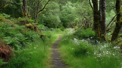 A serene forest path winding through lush green ferns and wildflowers, inviting exploration.