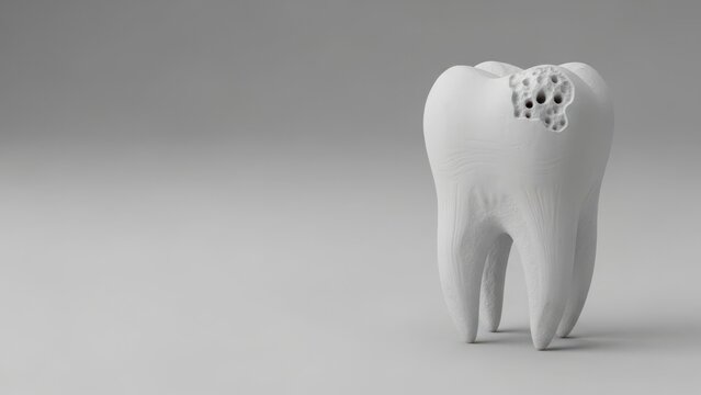 White molar tooth with severe cavity and decay holes. 3D illustration of dental caries on gray background. Copy space for text