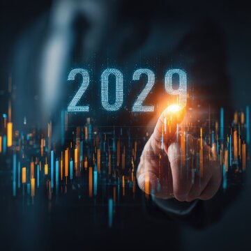 A futuristic view on the horizon, pointing towards the year 2029 with the use of advanced technology and business projections. ..Created with Generative AI, not depicting real subjects.