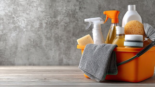 Orange laundry basket filled with cleaning supplies sits on a white wooden table against a gray backdrop