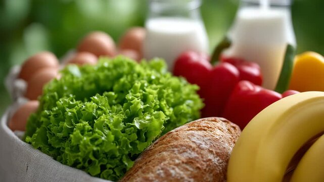 61Close-up of grocery bag filled with vibrant produce and dairy, lettuce leaves catching light, bananas curved naturally, bell peppers glossy, bread, eggs, and milk arranged neatly,