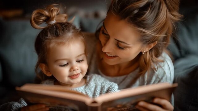 Close-up of a mother reading a book with her little daughter at home capturing warm motherhood childhood bonding and shared storytime togetherness