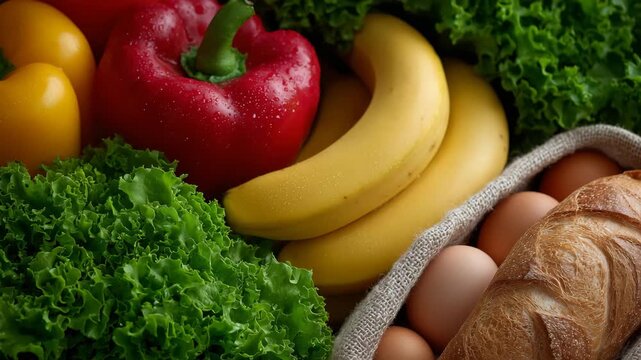 64Close-up of grocery bag filled with vibrant produce and dairy, lettuce leaves catching light, bananas curved naturally, bell peppers glossy, bread, eggs, and milk arranged neatly,