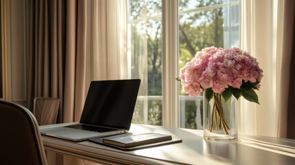 Elegant Home Office with Pink Hydrangeas