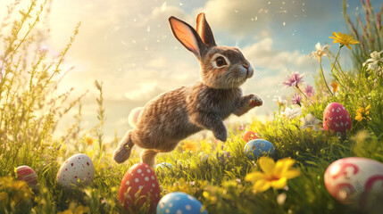 Easter Bunny and Colorful Eggs in Sunny Meadow
