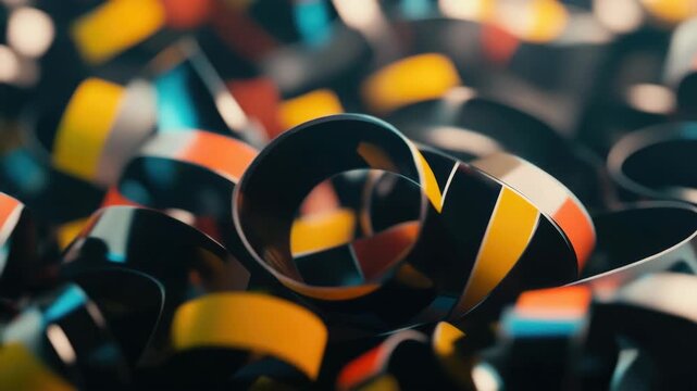 Abstract of vibrantly colored paper ribbons twisted and tangled together against a neutral backdrop.