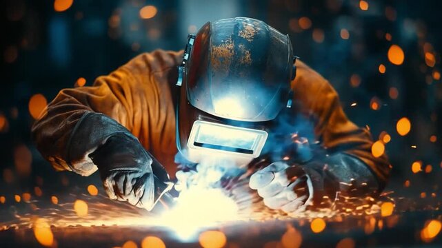 The Art of Industry: A skilled welder, protected by a helmet and gloves, meticulously works with a brilliant arc of light, showcasing the precision and artistry of the craft. 