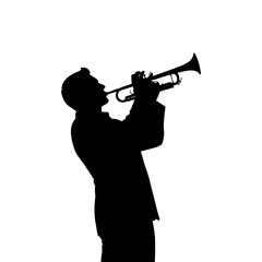 silhouette of a man playing the trumpet against a white background