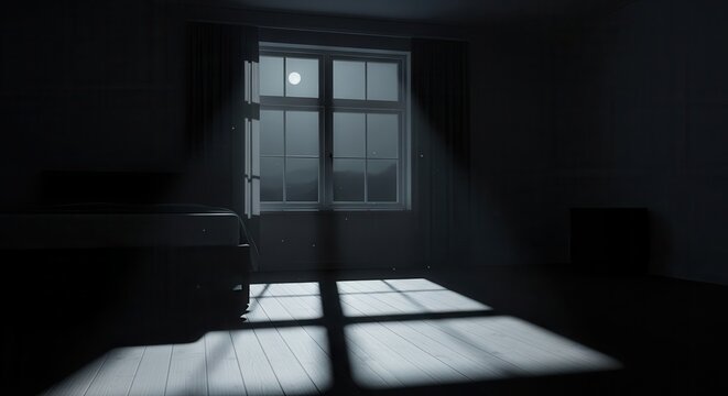 Moonlight streams through an open window into a darkened, sparsely furnished room casting dramatic shadows.