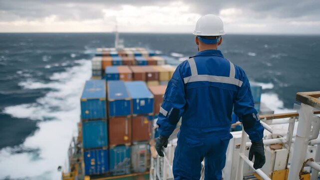 99Back view of worker walking on cargo ship deck, industrial textures of steel and containers, open sea on both sides, professional shipping environment