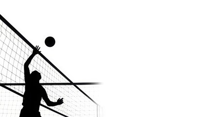 Silhouette of a volleyball player hitting the ball over the net. Dynamic sports action against a white background. Copy space for text