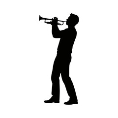 silhouette of a man playing the trumpet against a white background