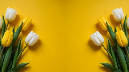 Naklejka premium Vibrant yellow background with white and yellow tulips