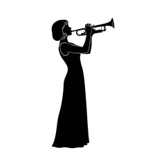 silhouette of a woman playing the trumpet against a white background