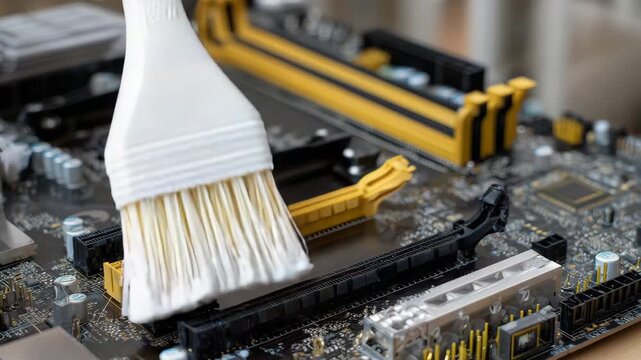 100Close-up of a motherboard being cleaned with a soft brush, RAM slots and capacitors covered in dust, gentle sweeping motion, high-detail electronics textures, careful maintenance m