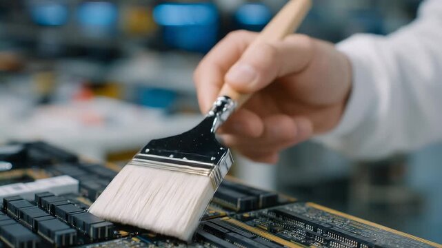 101Close-up of an anti-static brush cleaning RAM modules, dust clinging to memory sticks and slots, shallow depth of field, precision and care emphasized, clean technology workspace
