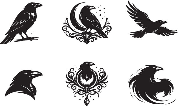Raven Spiritual Ornament Icon Set Black and White