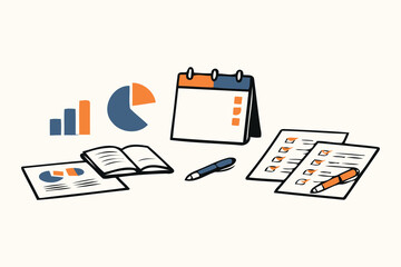 business planning setup with calendar,reports,and charts