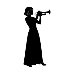silhouette of a woman playing the trumpet against a white background