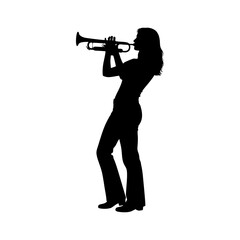 silhouette of a woman playing the trumpet against a white background
