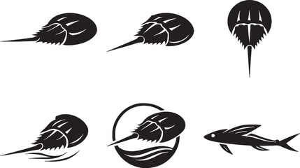 Horseshoe Crab Silhouette Icon Set Black and White Prehistoric Marine Icons © chien