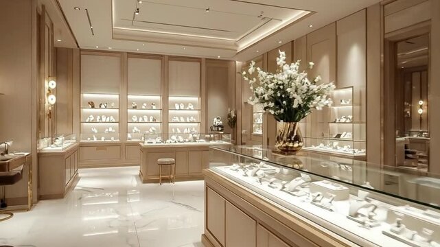 Elegant jewelry store interior featuring glass display cases and marble flooring, creating a luxurious shopping experience.