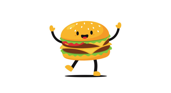 Happy cartoon hamburger character with cheese and lettuce dancing and waving its hands on a clean white background.