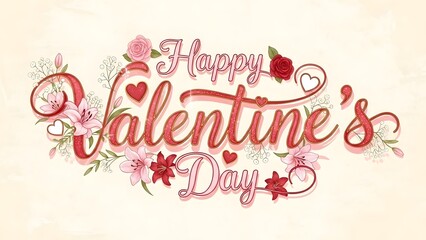 Happy valentines day elegant script typography with flowers and hearts