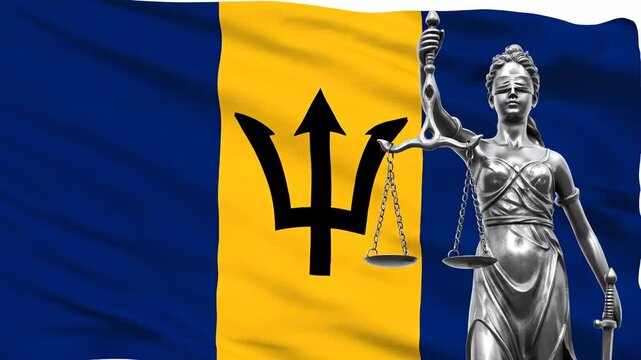 Barbados flag waving with Lady Justice statue animation