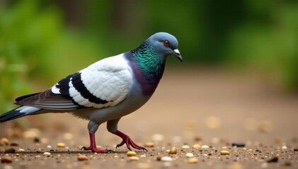 Pigeon walking, pecking at ground, looking for seeds , seed, park