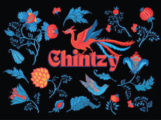 Floral vintage pattern elements set in Jacobean style isolated on white. Enchanted Vintage Flowers. Chintz inspired. Design for wrapping paper, wallpaper, fabrics and fashion clothes.