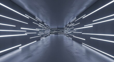 Interior architectural design features a futuristic hallway illuminated by horizontal neon light strips along the walls