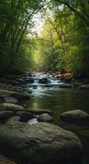 A peaceful forest river flowing over smooth stones, surrounded by dense green vegetation and towering trees under soft sunlight ,serene ,flowing ,calm