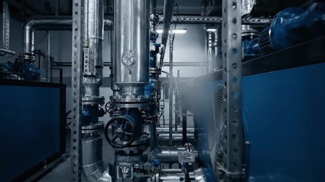 Industrial heating system with pipes and pumps in a modern building.