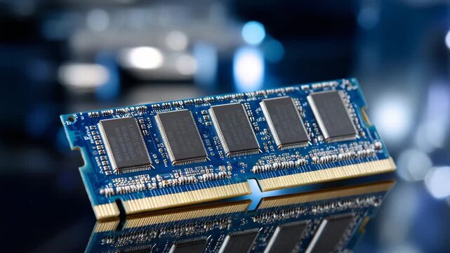 121Close-up of DDR5 RAM resting on a polished glass table, reflected twice on the surface, cool blue lighting, clean high-tech aesthetic representing next-generation memory and premiu